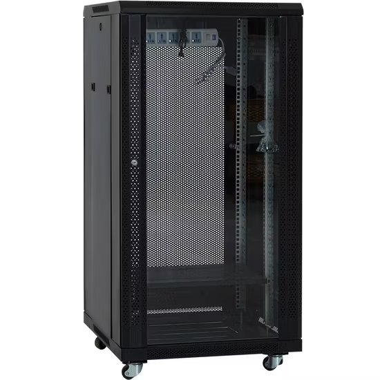 22U Mesh Data Cabinet 600x600mm Floor Standing Network Enclosure with Perforated Doors and Cooling Fans